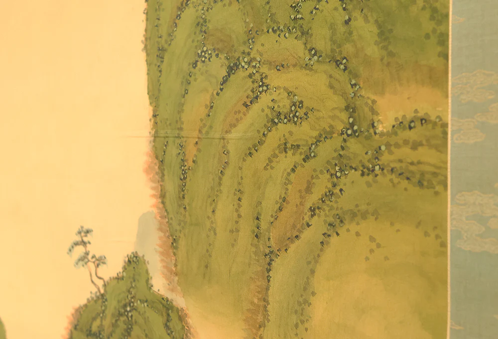 Attributed to 田近竹邨 Tajika Chikuson (1864-1926) Japanese art kakejiku kakemono wall hanging scroll / Blue and Green Mountains Landscape Castle and Pine Tree with Box RE302 - Image 19