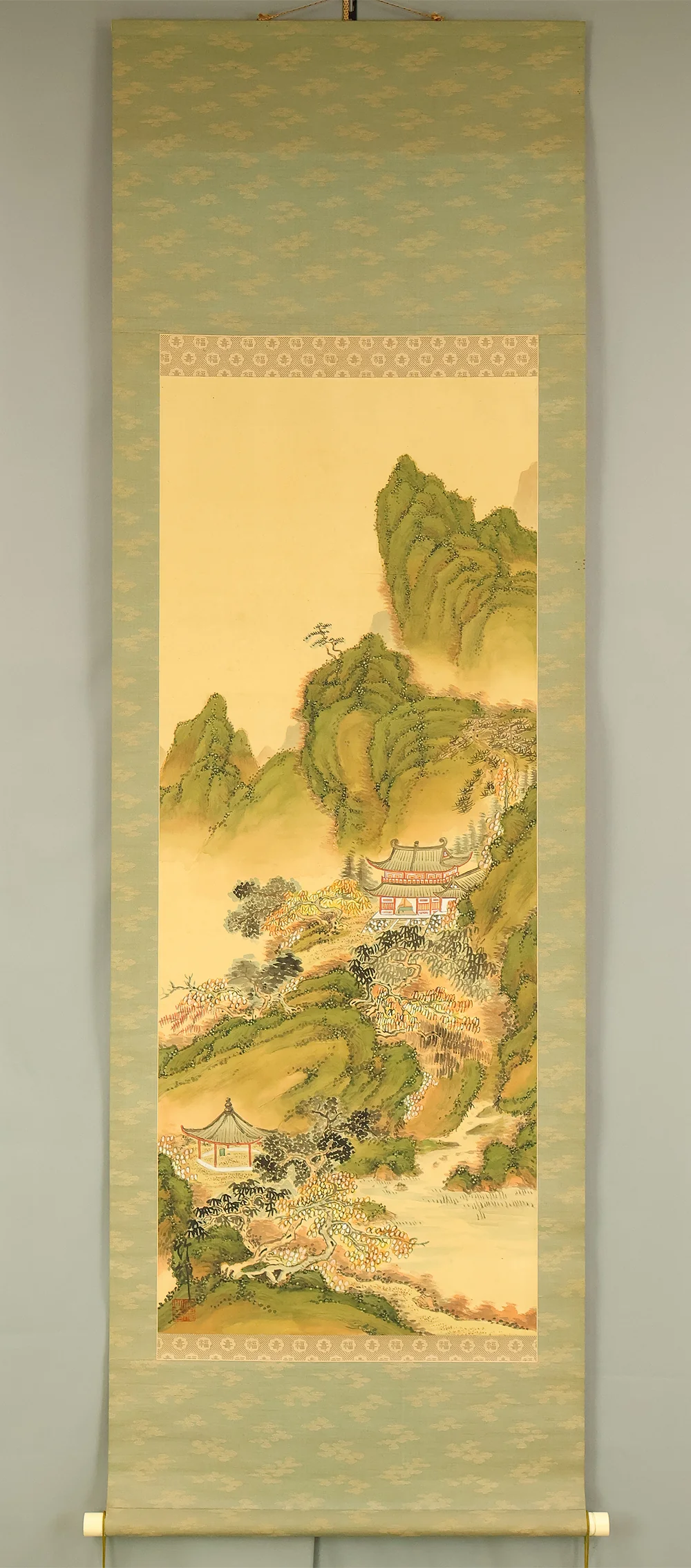 Attributed to 田近竹邨 Tajika Chikuson (1864-1926) Japanese art kakejiku kakemono wall hanging scroll / Blue and Green Mountains Landscape Castle and Pine Tree with Box RE302 - Image 2