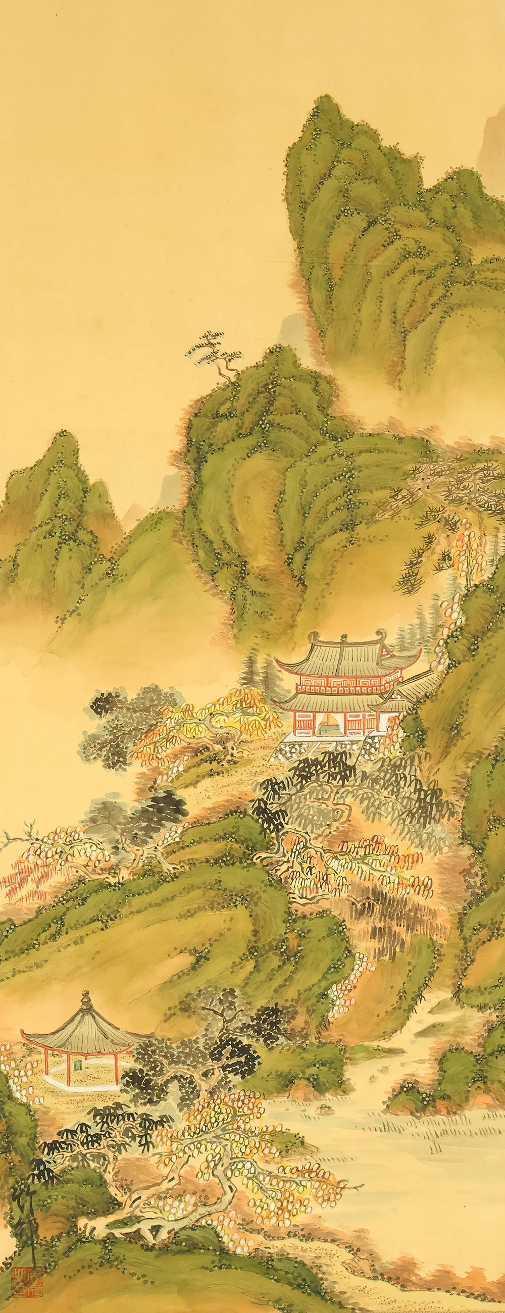 Attributed to 田近竹邨 Tajika Chikuson (1864-1926) Japanese art kakejiku kakemono wall hanging scroll / Blue and Green Mountains Landscape Castle and Pine Tree with Box RE302 - Image 4