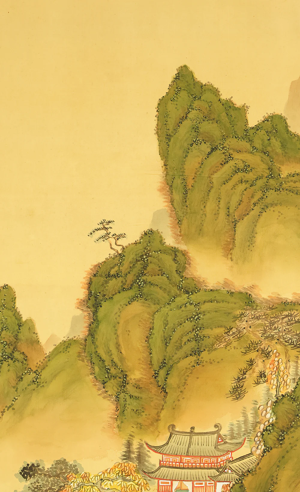 Attributed to 田近竹邨 Tajika Chikuson (1864-1926) Japanese art kakejiku kakemono wall hanging scroll / Blue and Green Mountains Landscape Castle and Pine Tree with Box RE302 - Image 5