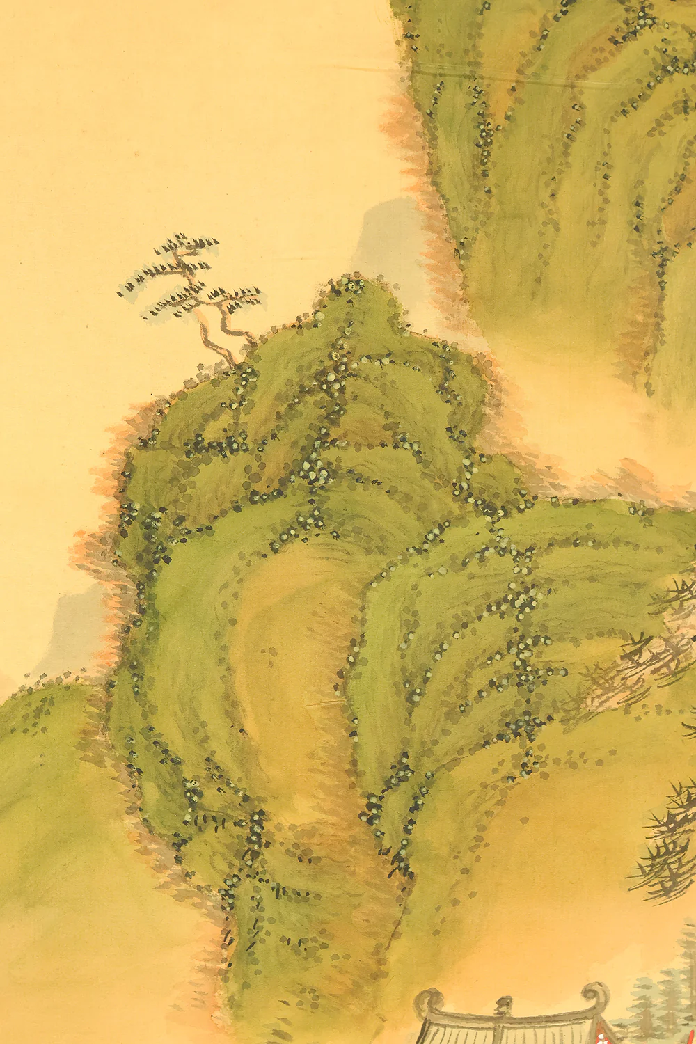 Attributed to 田近竹邨 Tajika Chikuson (1864-1926) Japanese art kakejiku kakemono wall hanging scroll / Blue and Green Mountains Landscape Castle and Pine Tree with Box RE302 - Image 7