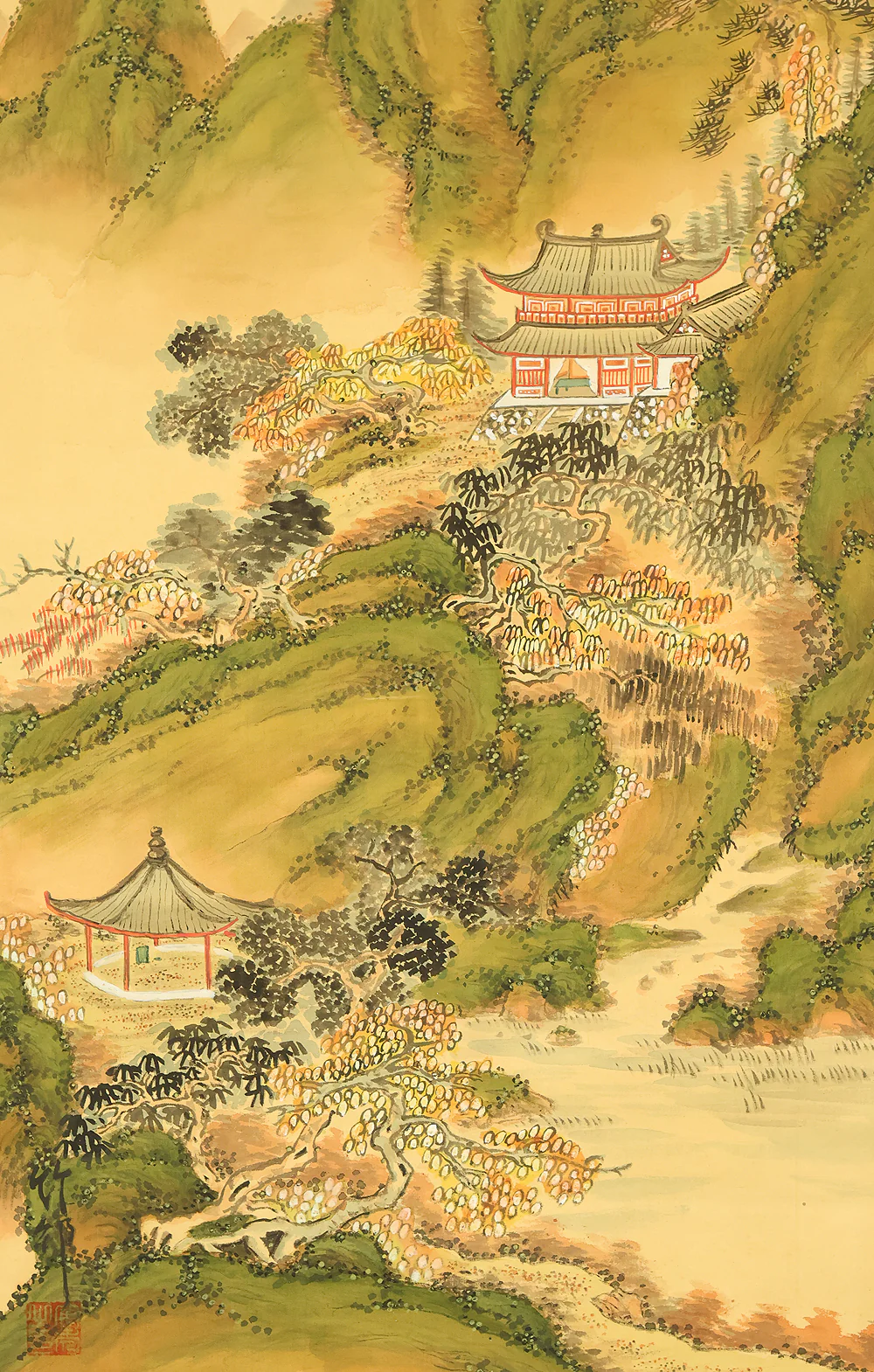 Attributed to 田近竹邨 Tajika Chikuson (1864-1926) Japanese art kakejiku kakemono wall hanging scroll / Blue and Green Mountains Landscape Castle and Pine Tree with Box RE302 - Image 9