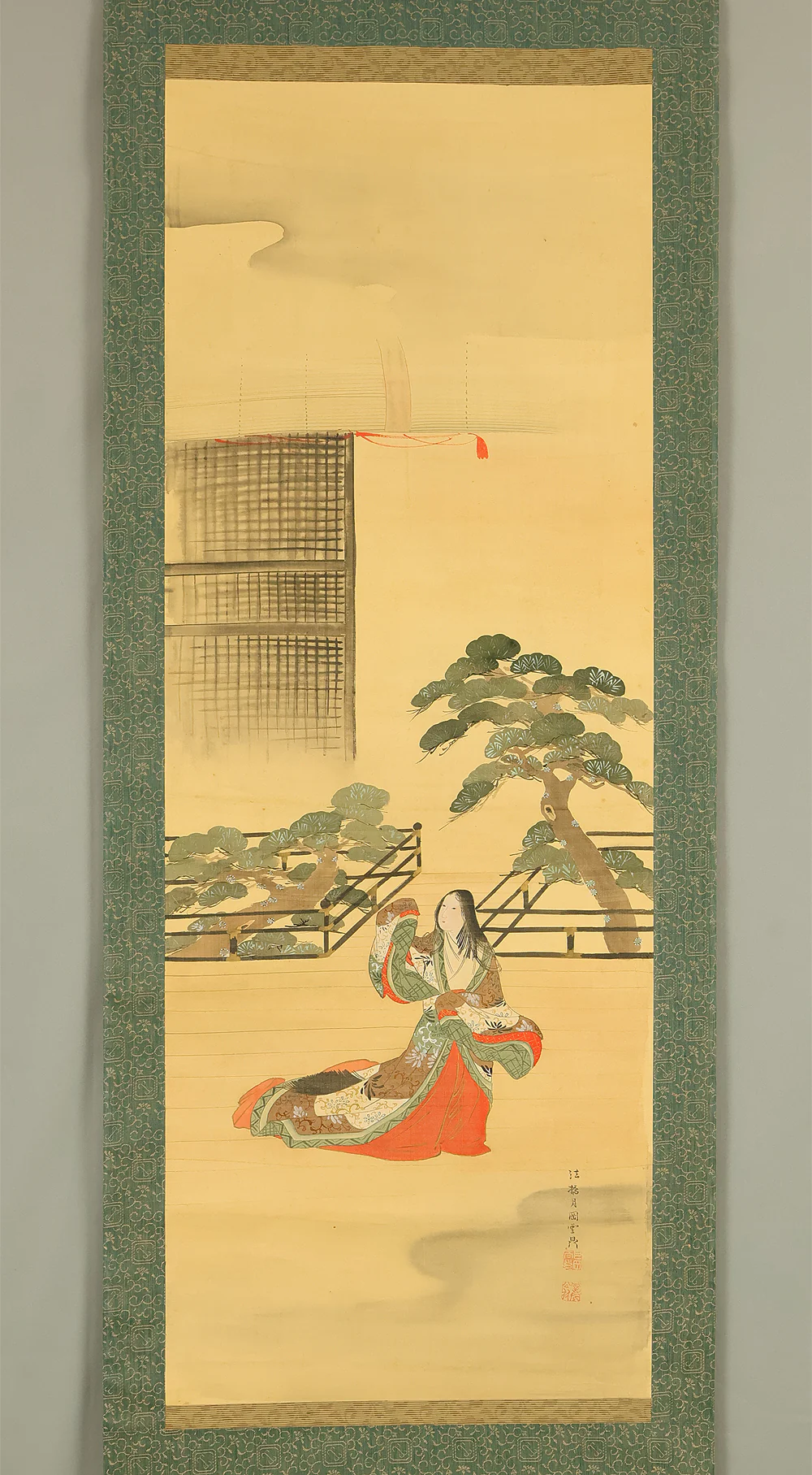 Attributed to 月岡雪鼎 Tsukioka Settei (1710-1787) Japanese antique art kakejiku kakemono wall hanging scroll / Heian-Period Beautiful Woman Dancing on Stage with Box RE885