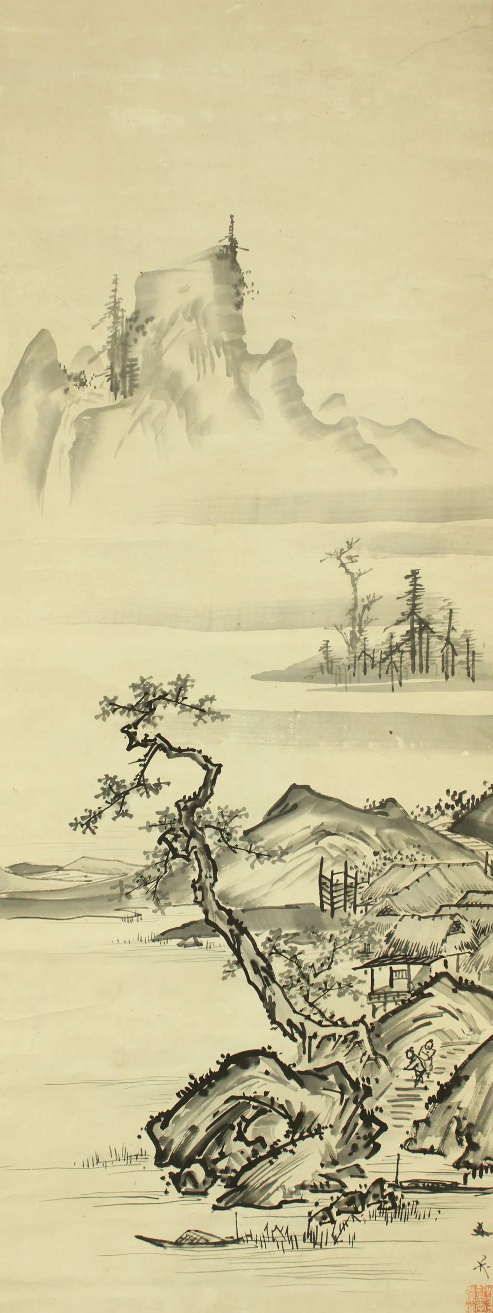 Attributed to 谷文晁 Tani Buncho (1763-1840) Japanese antique art kakejiku kakemono wall hanging scroll / Ink painting Landscapes Fishing Village by River with Box RD239 - Image 4