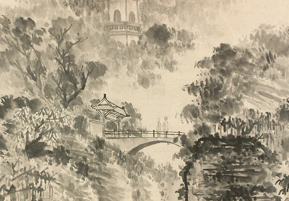 Chinese Large kakejiku kakemono wall hanging scroll / Mountains Bridges Tower Landscapes RC836 - Image 13