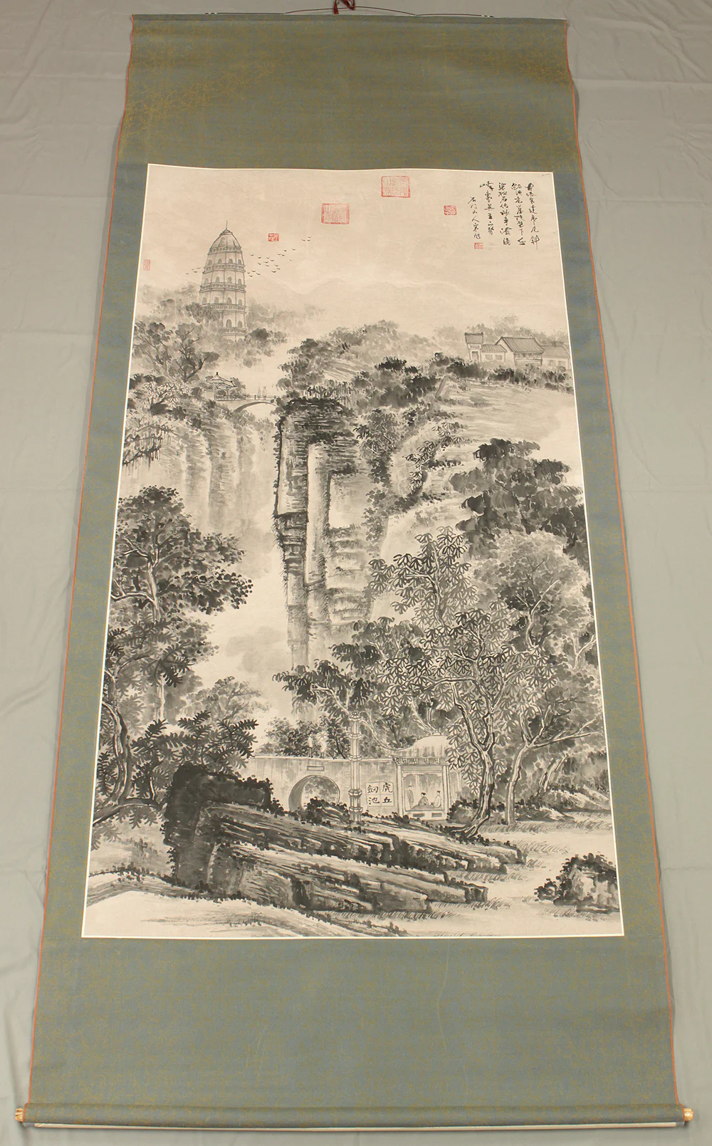Chinese Large kakejiku kakemono wall hanging scroll / Mountains Bridges Tower Landscapes RC836 - Image 2