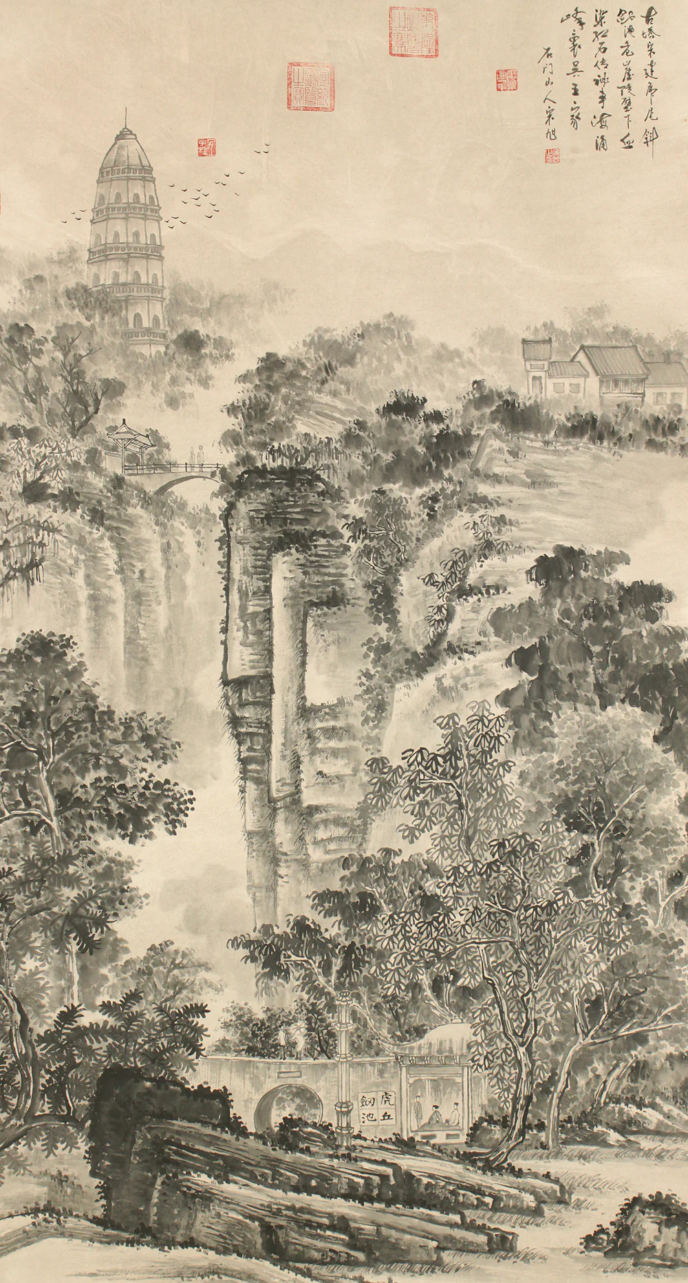 Chinese Large kakejiku kakemono wall hanging scroll / Mountains Bridges Tower Landscapes RC836 - Image 4