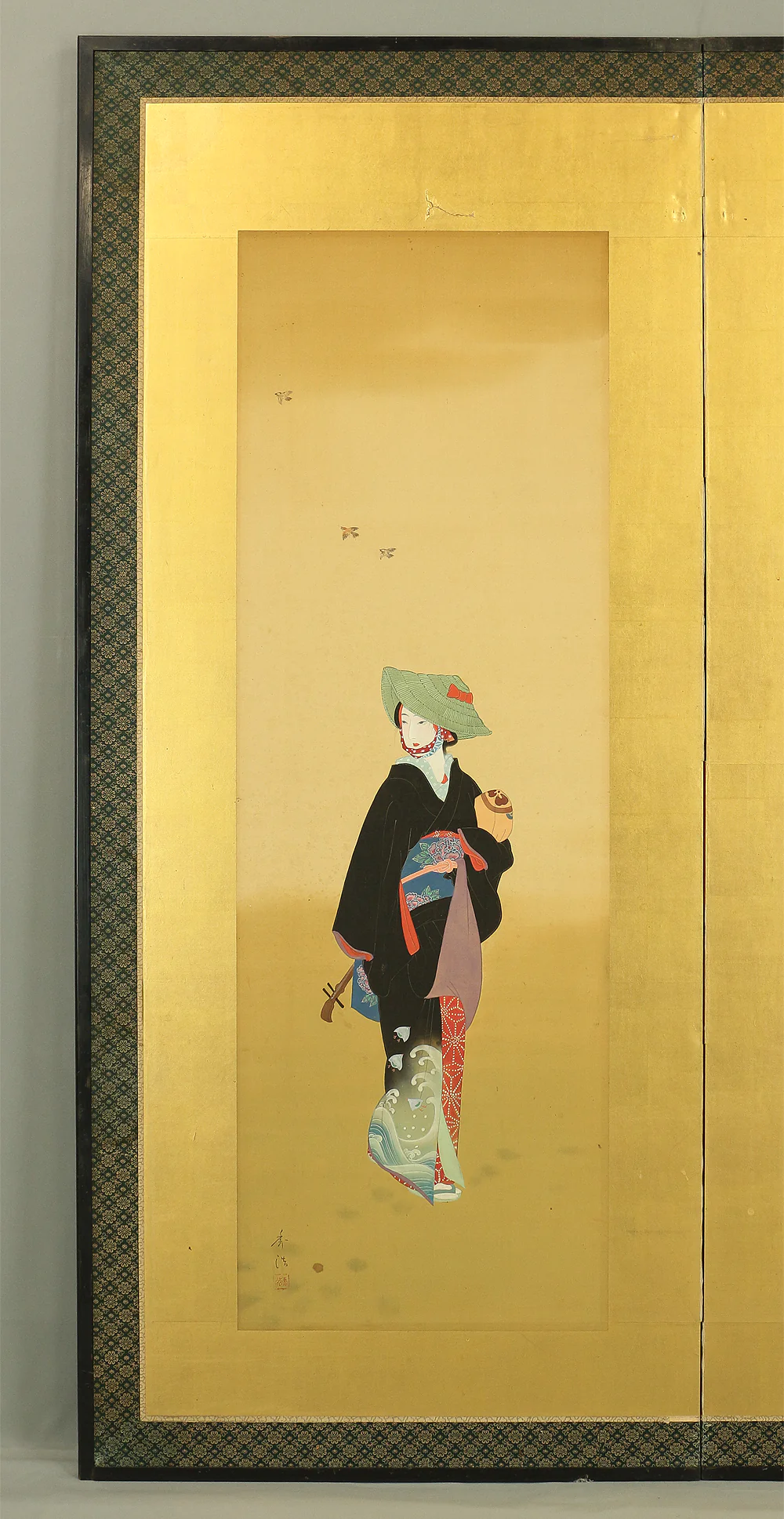 Byobu Folding Screen Room divider 2 panels / 'Sparrows Nandina in Winter and Black Kimono Beautiful Woman with Shamisen' VA298 - Image 14
