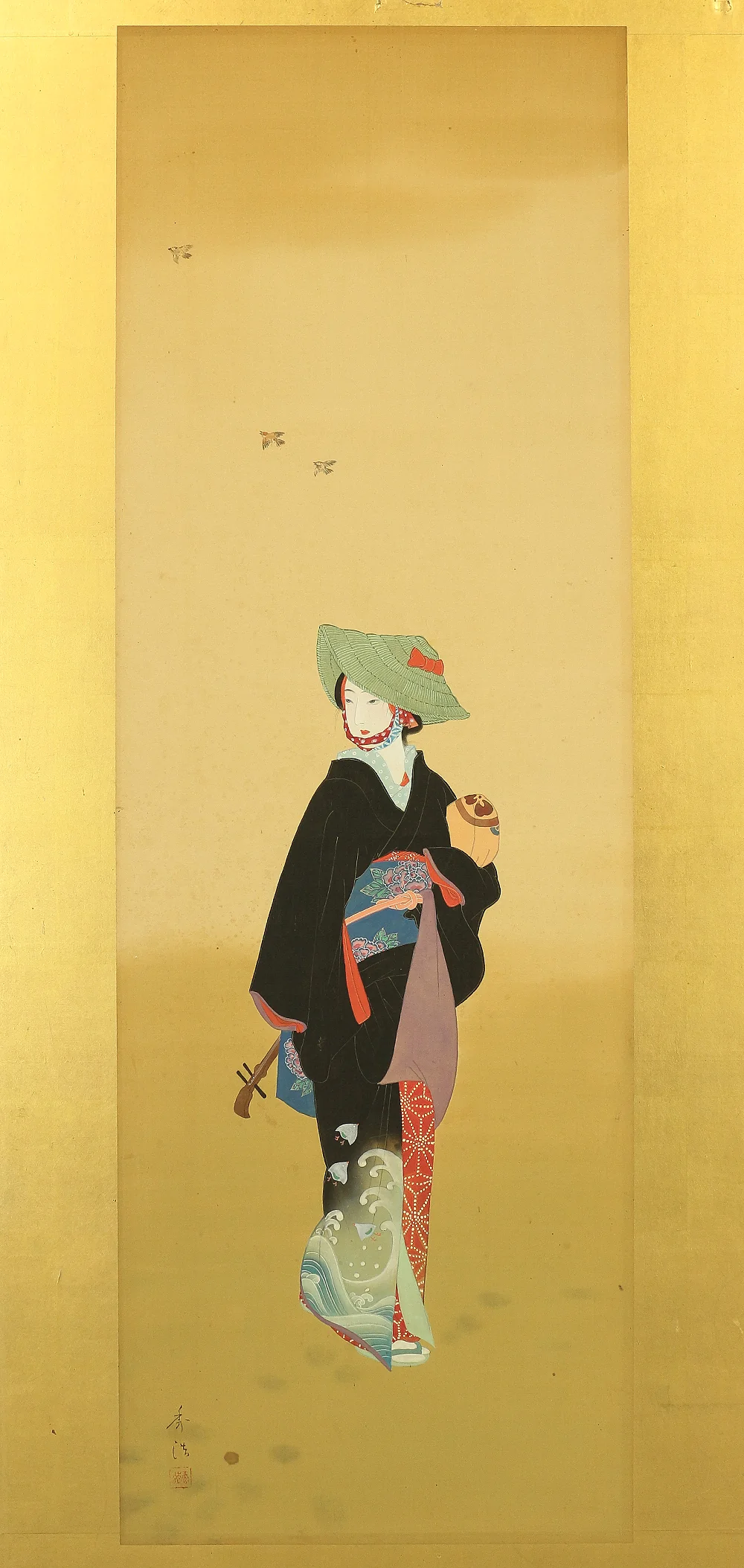 Byobu Folding Screen Room divider 2 panels / 'Sparrows Nandina in Winter and Black Kimono Beautiful Woman with Shamisen' VA298 - Image 15