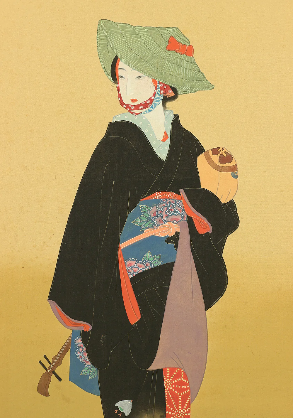 Byobu Folding Screen Room divider 2 panels / 'Sparrows Nandina in Winter and Black Kimono Beautiful Woman with Shamisen' VA298 - Image 17