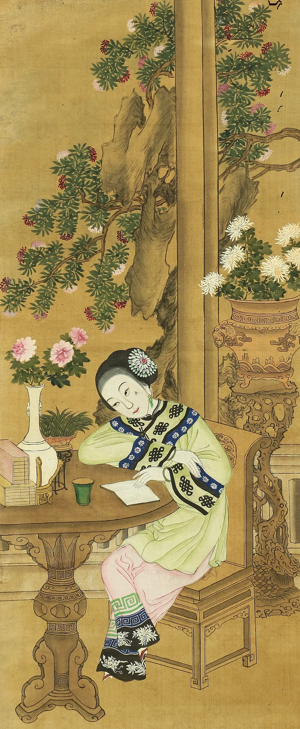 Chinese art kakejiku kakemono hanging scroll / Qing dynasty Beautiful Woman sitting on Chair A355 - Image 5