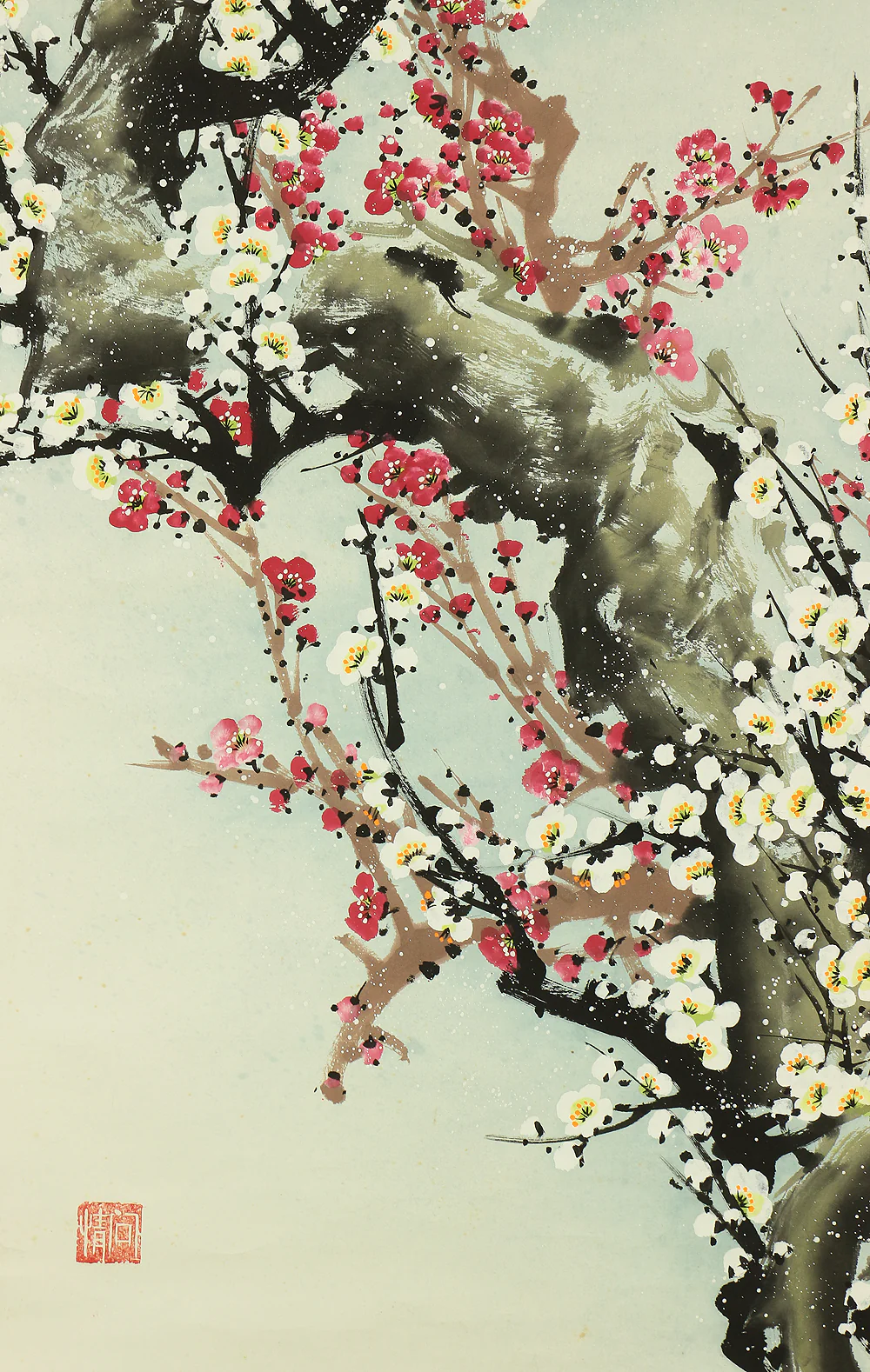 Chinese Large kakejiku kakemono wall hanging scroll / 梅月相思 Moon and White Red Plum Blossoms RB636 - Image 14
