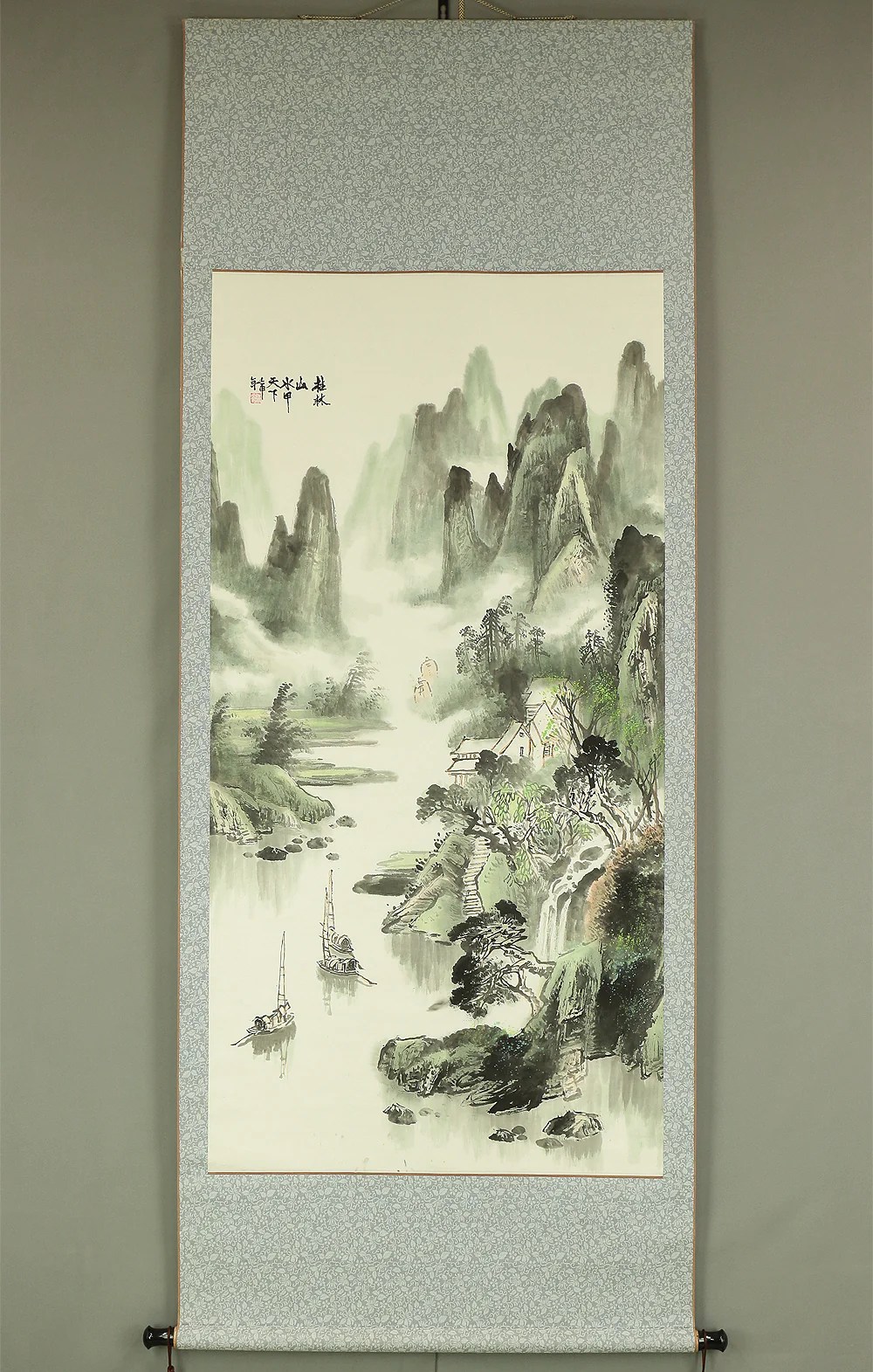 Chinese kakejiku kakemono wall hanging scroll / Mountains River Fog Sailing Boats Landscapes RB637 - Image 2