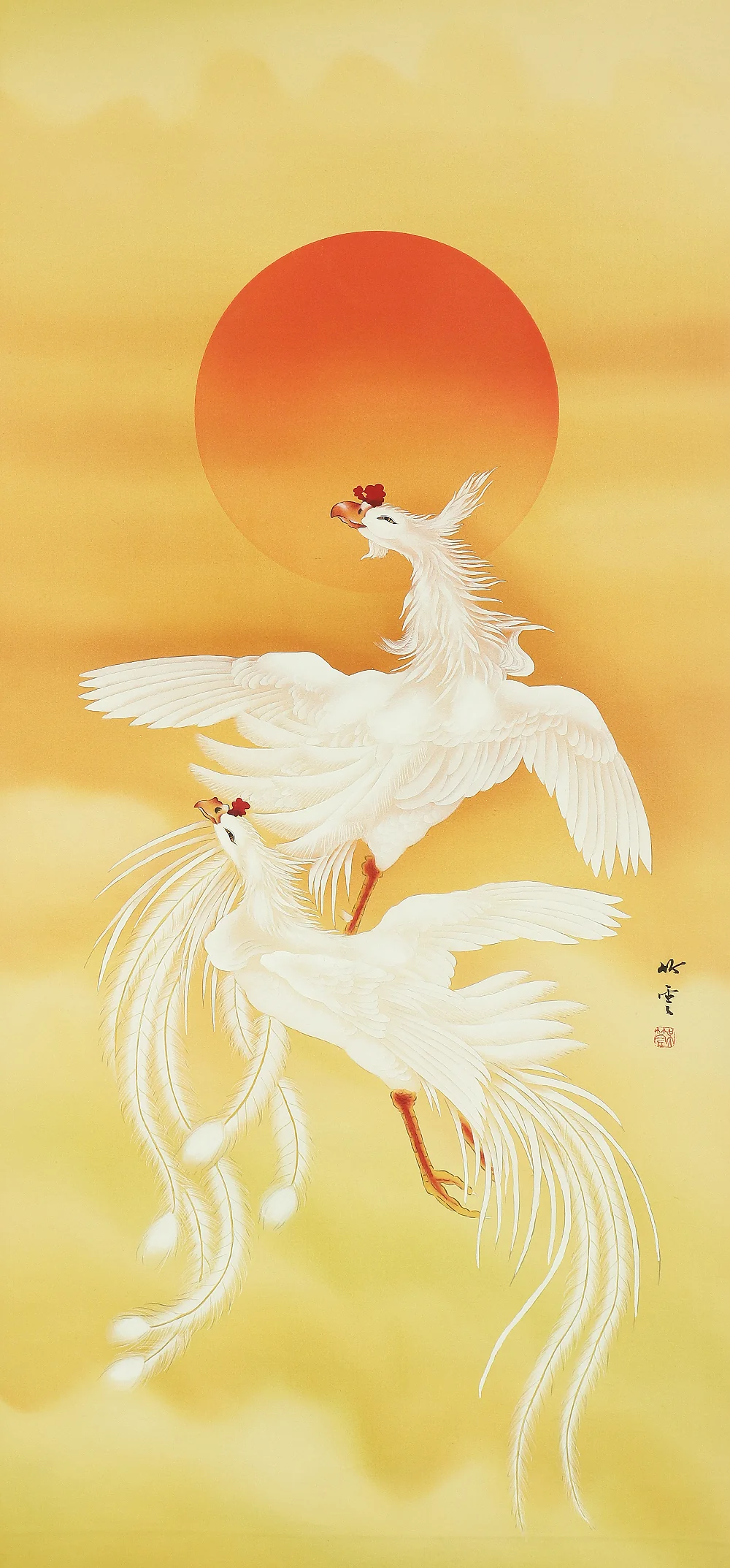 Chinese kakejiku kakemono wall hanging scroll / Two White Phoenixes & Rising Sun A122