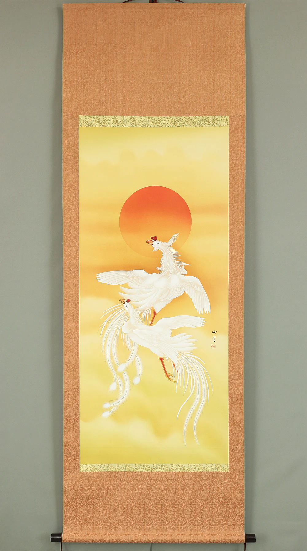 Chinese kakejiku kakemono wall hanging scroll / Two White Phoenixes & Rising Sun A122 - Image 2