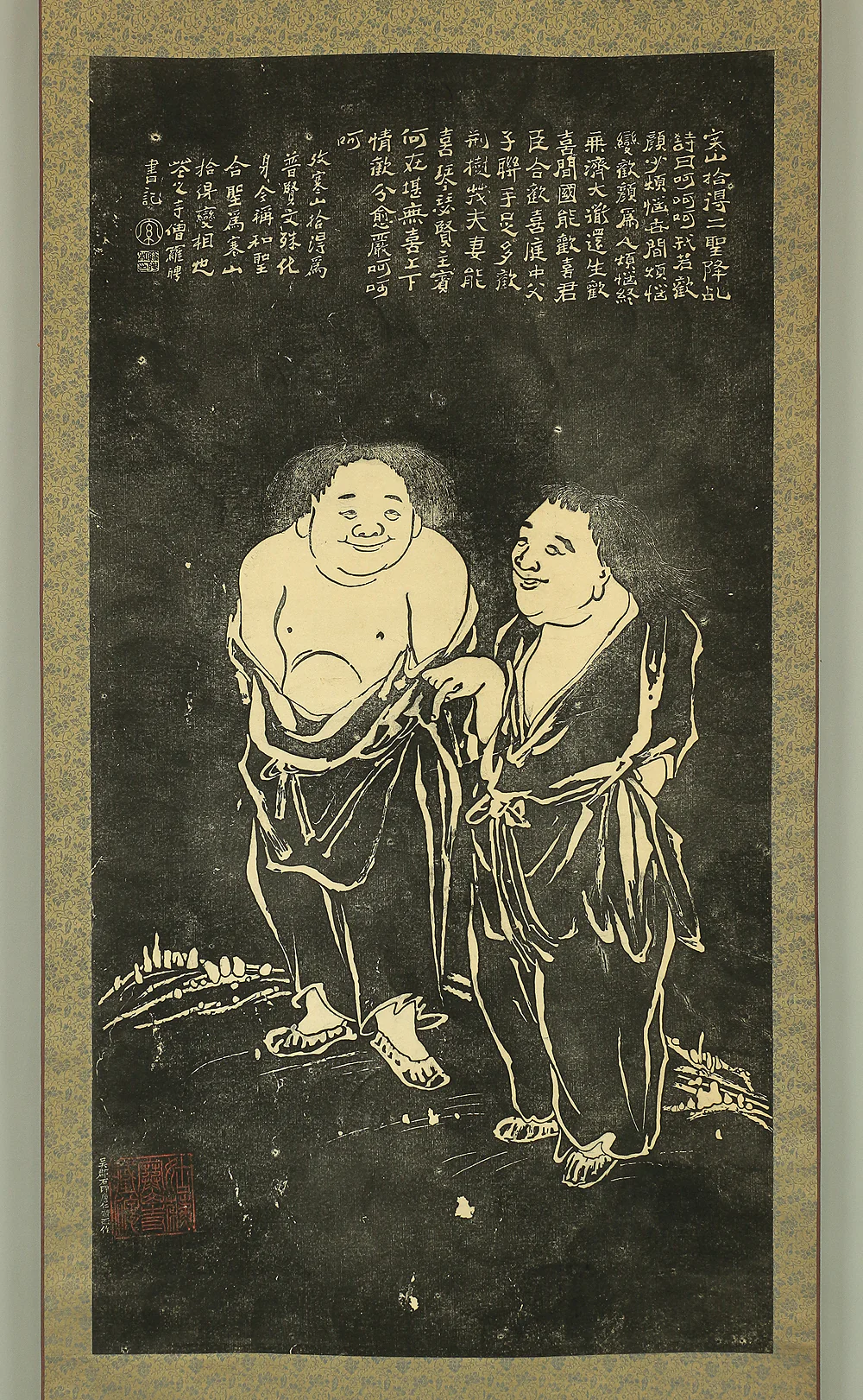 Chinese Rubbing Print kakejiku kakemono wall hanging scroll / 寒山 Kanzan and 拾得 Jittoku Hanshan temple Figure Painting A451