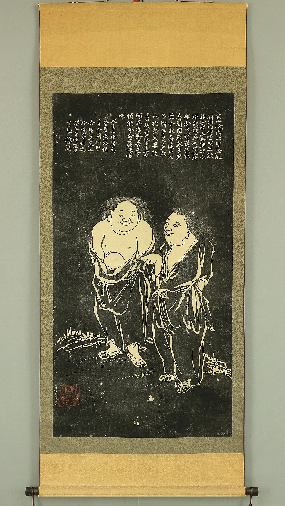 Chinese Rubbing Print kakejiku kakemono wall hanging scroll / 寒山 Kanzan and 拾得 Jittoku Hanshan temple Figure Painting A451 - Image 2