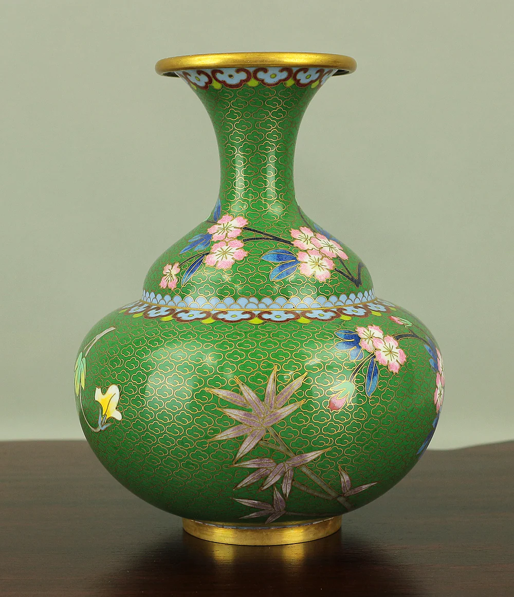 Cloisonne Enamel Flower design Green-based Chinese Flower Vase VA164 - Image 13