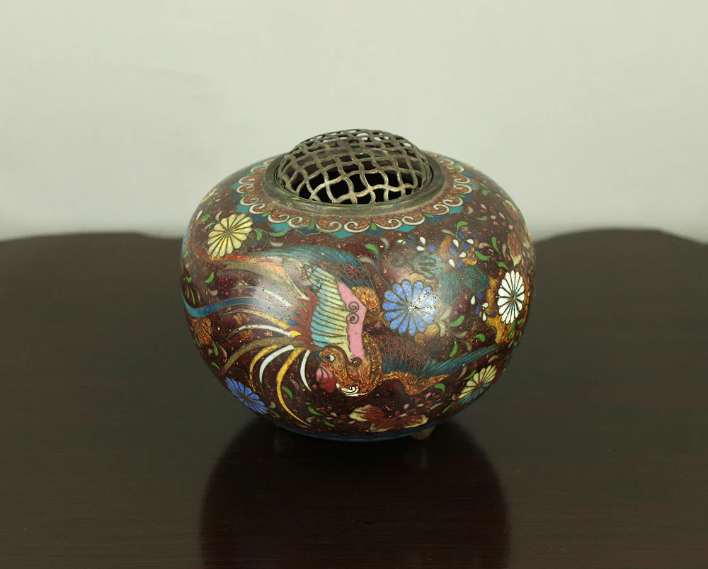 Cloisonne Phoenix and Chrysanthemum Pattern Three-legged Censer Incense Burner VA856