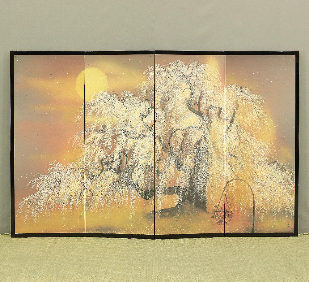 Exclusive Reproduction「春宵滝桜」Shunyo Takizakura 'Weeping Cherry like Waterfall at Spring Night' Moon and Cherry Blossoms by 木村圭吾 Kimura Keigo (b 1944) Published by IEI Art Gallery / Small Byobu Folding Screen Room divider 4 panels VA335
