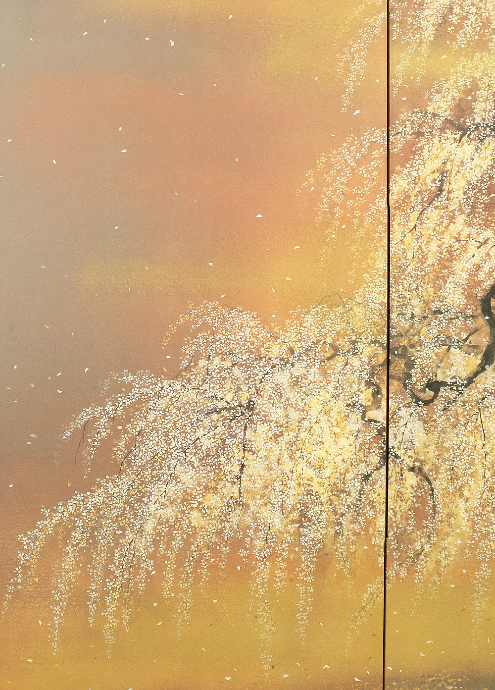 Exclusive Reproduction「春宵滝桜」Shunyo Takizakura 'Weeping Cherry like Waterfall at Spring Night' Moon and Cherry Blossoms by 木村圭吾 Kimura Keigo (b 1944) Published by IEI Art Gallery / Small Byobu Folding Screen Room divider 4 panels VA335 - Image 10