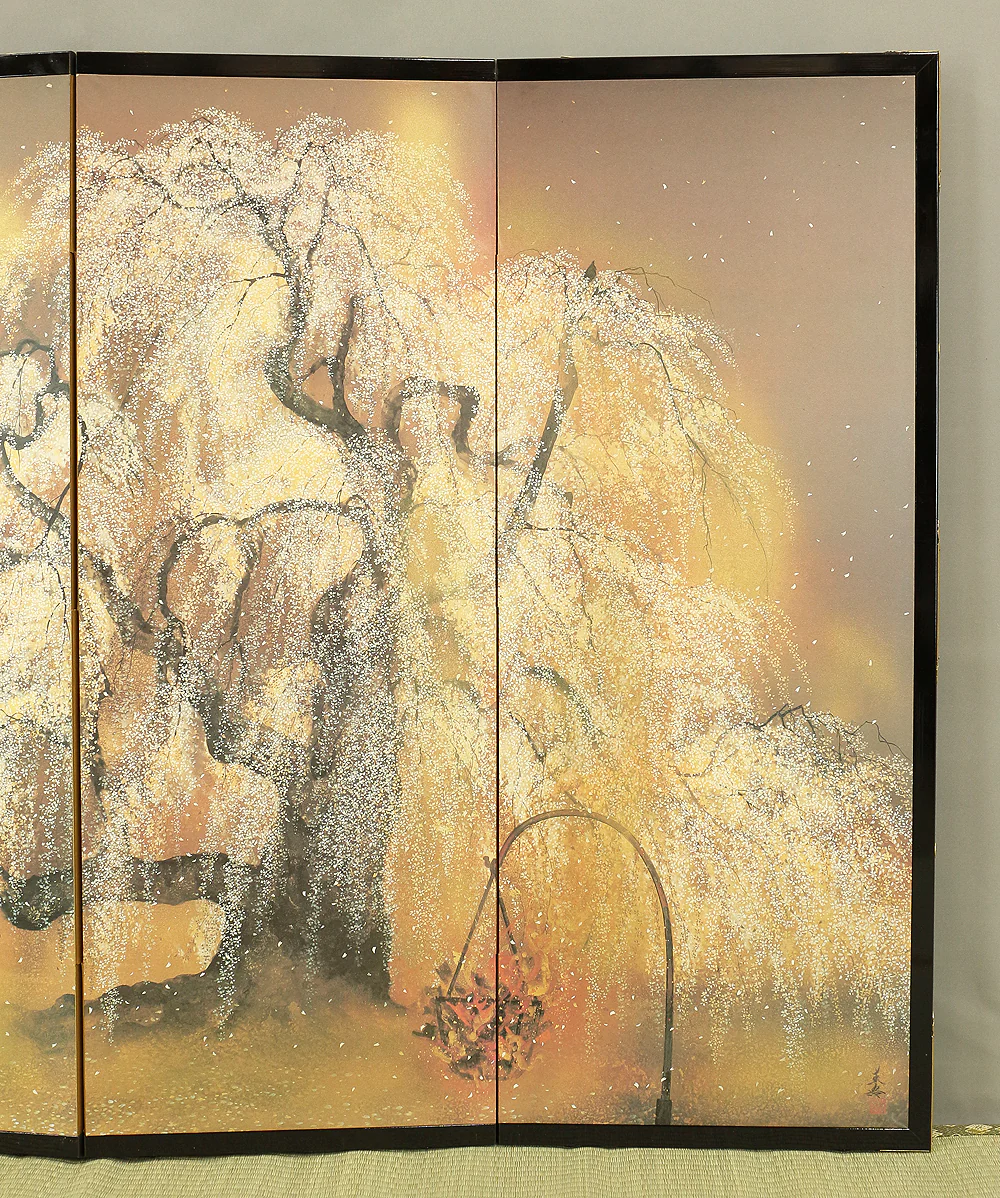 Exclusive Reproduction「春宵滝桜」Shunyo Takizakura 'Weeping Cherry like Waterfall at Spring Night' Moon and Cherry Blossoms by 木村圭吾 Kimura Keigo (b 1944) Published by IEI Art Gallery / Small Byobu Folding Screen Room divider 4 panels VA335 - Image 12