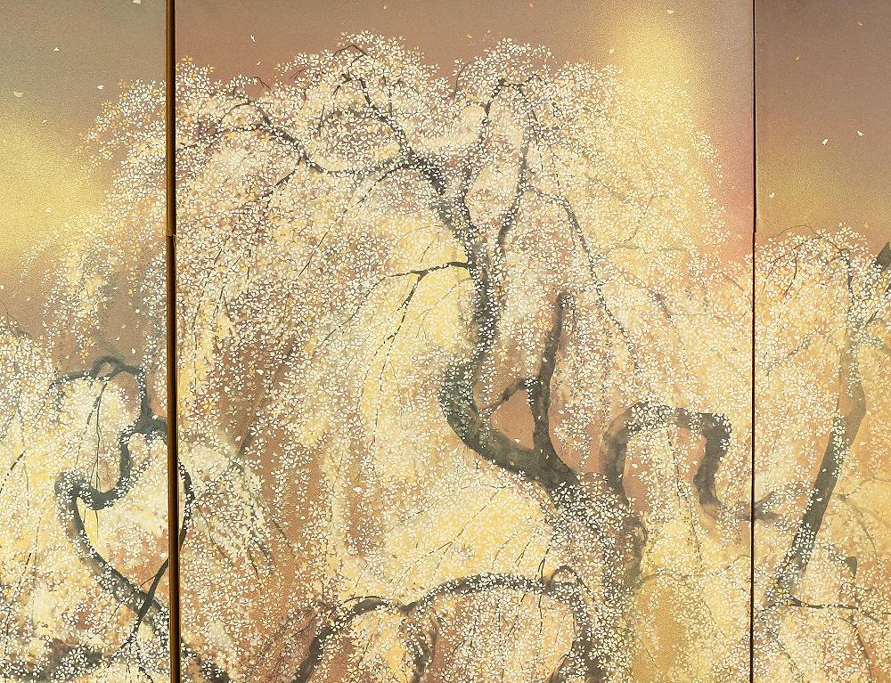 Exclusive Reproduction「春宵滝桜」Shunyo Takizakura 'Weeping Cherry like Waterfall at Spring Night' Moon and Cherry Blossoms by 木村圭吾 Kimura Keigo (b 1944) Published by IEI Art Gallery / Small Byobu Folding Screen Room divider 4 panels VA335 - Image 13