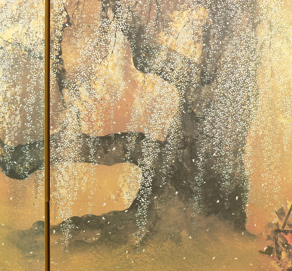 Exclusive Reproduction「春宵滝桜」Shunyo Takizakura 'Weeping Cherry like Waterfall at Spring Night' Moon and Cherry Blossoms by 木村圭吾 Kimura Keigo (b 1944) Published by IEI Art Gallery / Small Byobu Folding Screen Room divider 4 panels VA335 - Image 16
