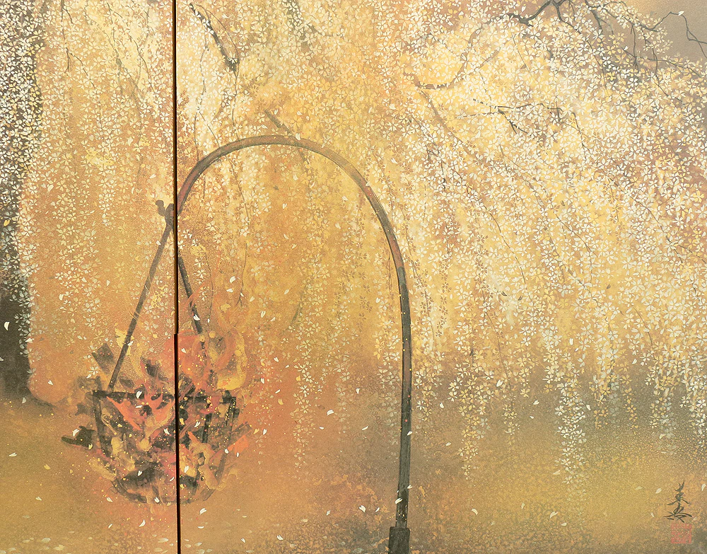Exclusive Reproduction「春宵滝桜」Shunyo Takizakura 'Weeping Cherry like Waterfall at Spring Night' Moon and Cherry Blossoms by 木村圭吾 Kimura Keigo (b 1944) Published by IEI Art Gallery / Small Byobu Folding Screen Room divider 4 panels VA335 - Image 17