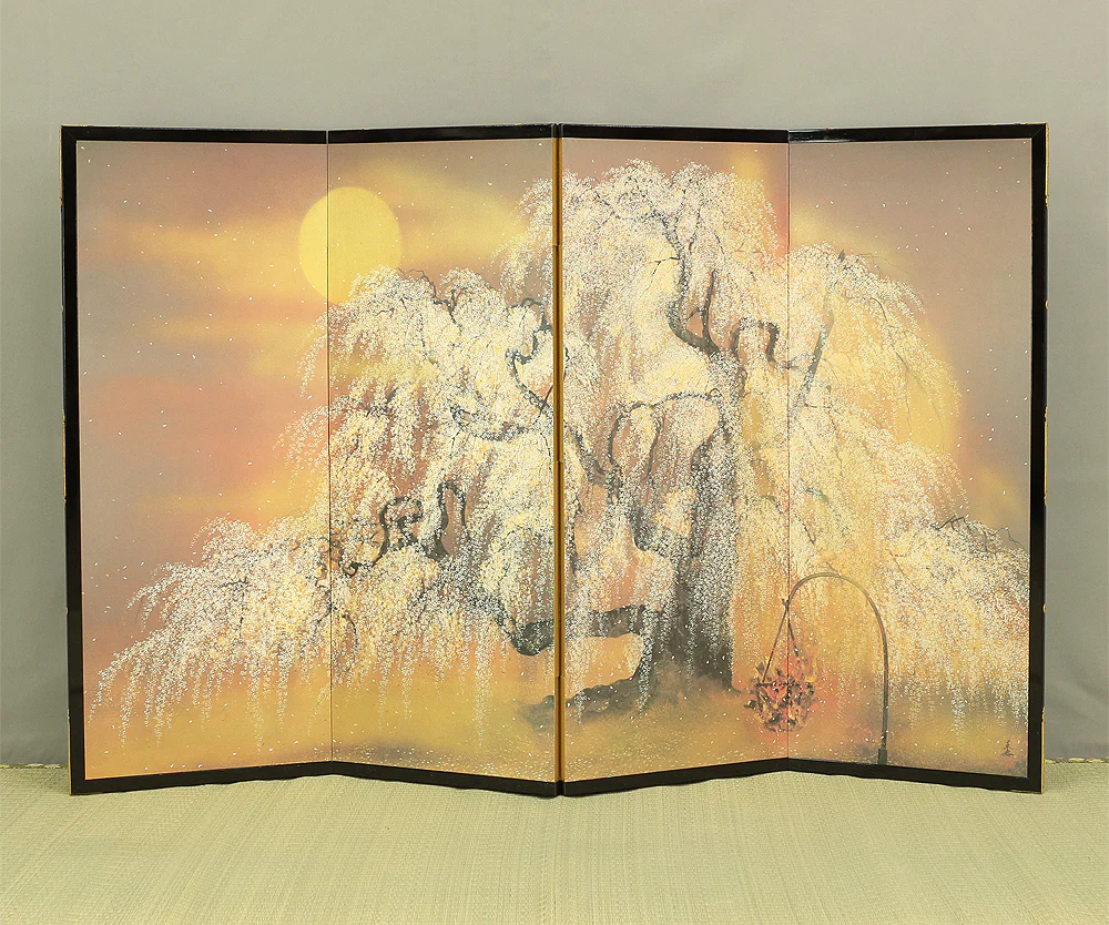 Exclusive Reproduction「春宵滝桜」Shunyo Takizakura 'Weeping Cherry like Waterfall at Spring Night' Moon and Cherry Blossoms by 木村圭吾 Kimura Keigo (b 1944) Published by IEI Art Gallery / Small Byobu Folding Screen Room divider 4 panels VA335 - Image 2