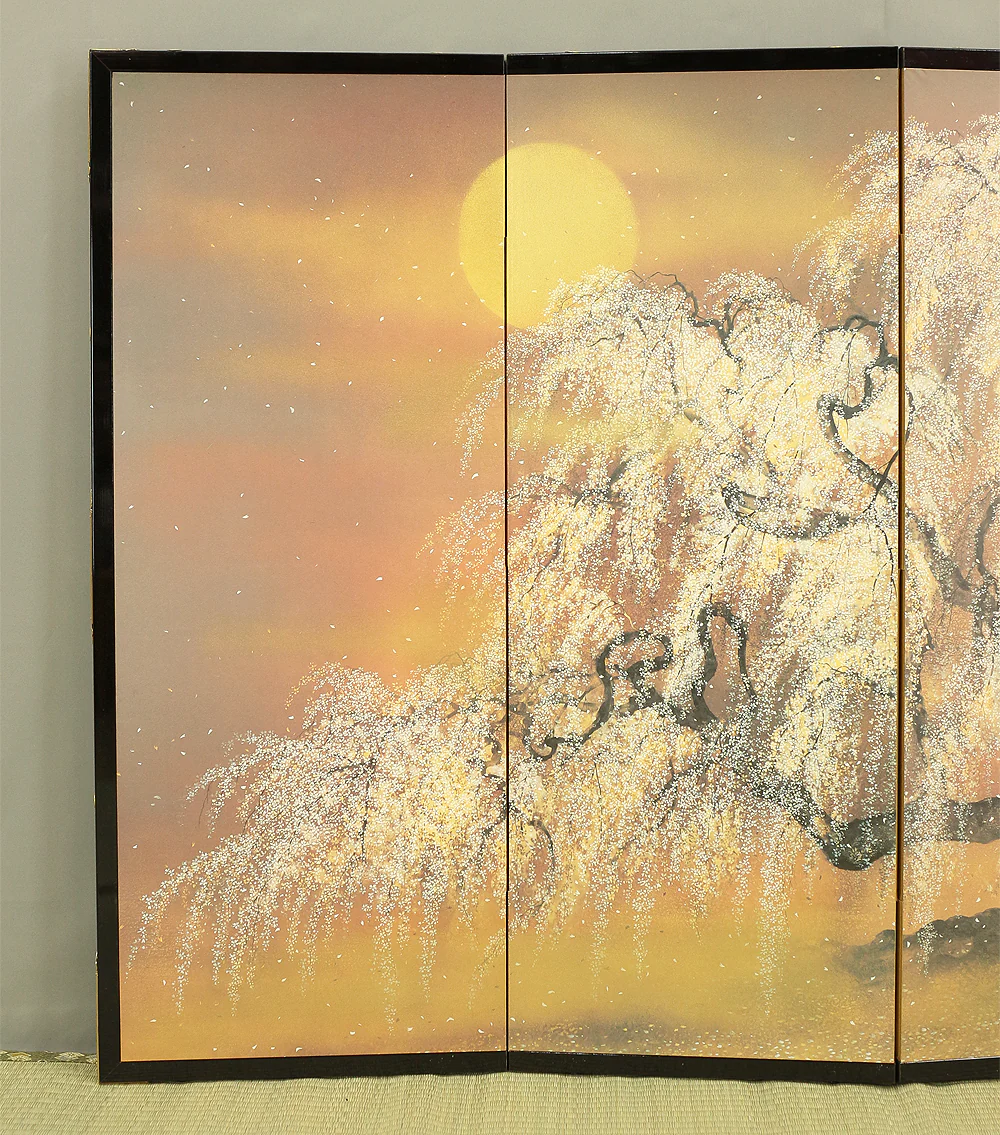 Exclusive Reproduction「春宵滝桜」Shunyo Takizakura 'Weeping Cherry like Waterfall at Spring Night' Moon and Cherry Blossoms by 木村圭吾 Kimura Keigo (b 1944) Published by IEI Art Gallery / Small Byobu Folding Screen Room divider 4 panels VA335 - Image 3