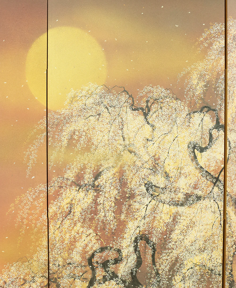 Exclusive Reproduction「春宵滝桜」Shunyo Takizakura 'Weeping Cherry like Waterfall at Spring Night' Moon and Cherry Blossoms by 木村圭吾 Kimura Keigo (b 1944) Published by IEI Art Gallery / Small Byobu Folding Screen Room divider 4 panels VA335 - Image 4