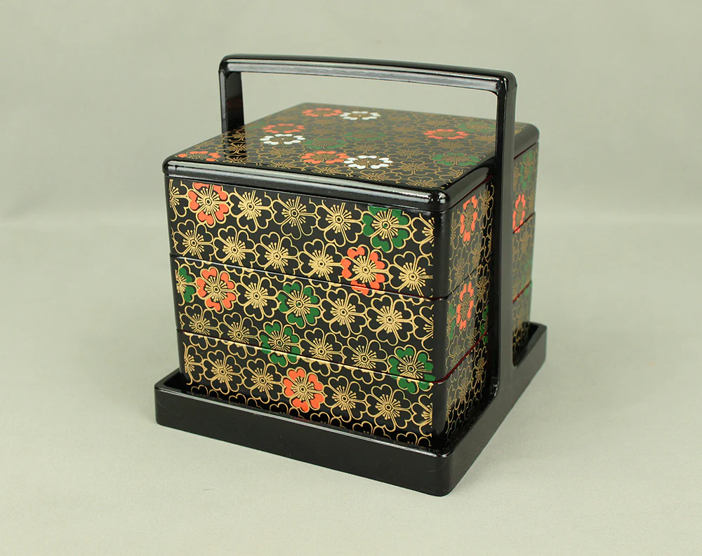 Flower Pattern Resin Lacquerware Portable Three-Tiered Box Small Jubako VA820 