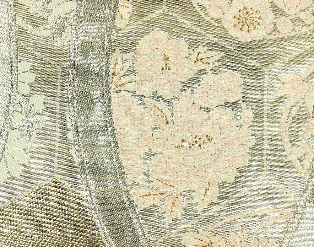 Fukuro Obi Nishijin textile (Certification number 290) Silver-based Obi belt Luxurious and Graceful Flowers design gold & silver thread V678 - Image 10