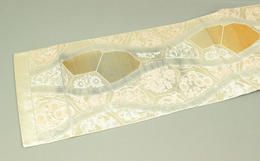 Fukuro Obi Nishijin textile (Certification number 290) Silver-based Obi belt Luxurious and Graceful Flowers design gold & silver thread V678 - Image 4