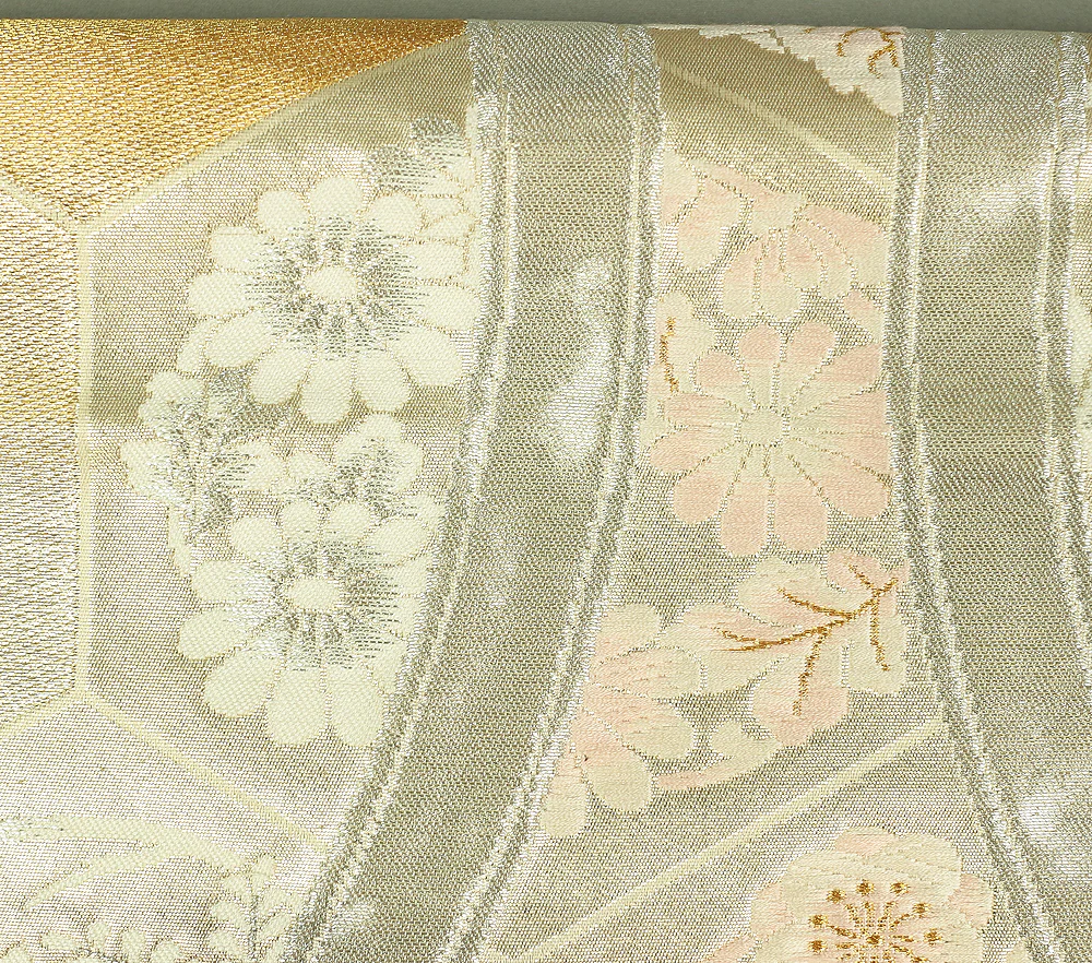 Fukuro Obi Nishijin textile (Certification number 290) Silver-based Obi belt Luxurious and Graceful Flowers design gold & silver thread V678 - Image 6
