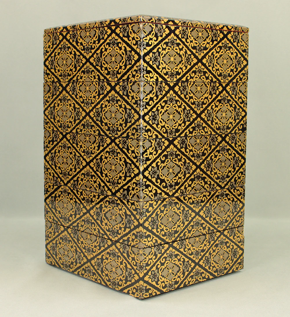 Gold Lacquer Flower Diamond Pattern Makie Five-Tiered Box Jubako with Box VA663 - Image 10