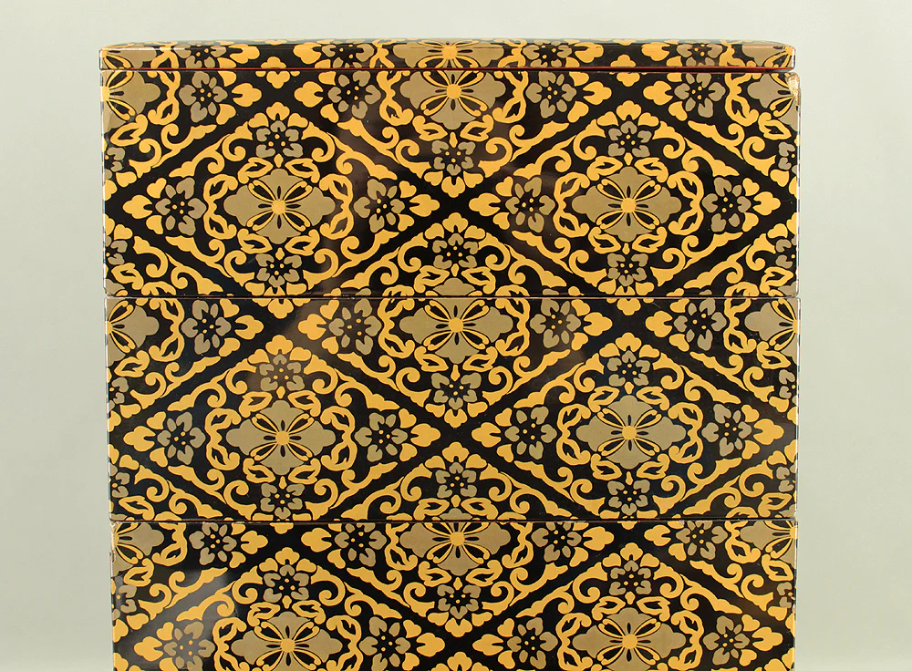 Gold Lacquer Flower Diamond Pattern Makie Five-Tiered Box Jubako with Box VA663 - Image 11