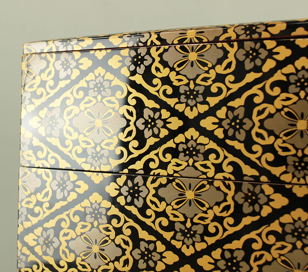 Gold Lacquer Flower Diamond Pattern Makie Five-Tiered Box Jubako with Box VA663 - Image 12