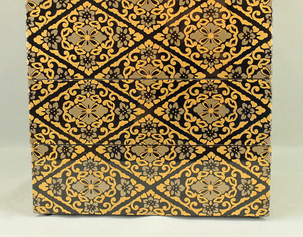 Gold Lacquer Flower Diamond Pattern Makie Five-Tiered Box Jubako with Box VA663 - Image 13