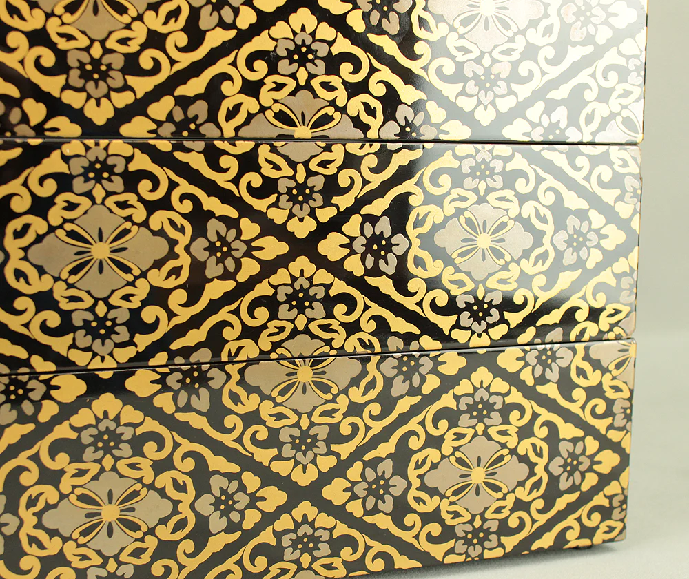 Gold Lacquer Flower Diamond Pattern Makie Five-Tiered Box Jubako with Box VA663 - Image 14