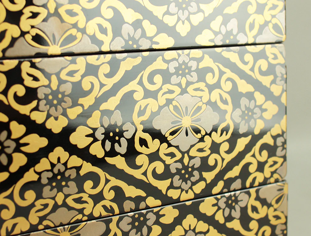 Gold Lacquer Flower Diamond Pattern Makie Five-Tiered Box Jubako with Box VA663 - Image 15