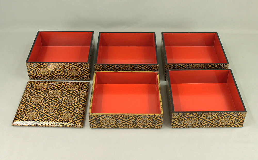 Gold Lacquer Flower Diamond Pattern Makie Five-Tiered Box Jubako with Box VA663 - Image 16