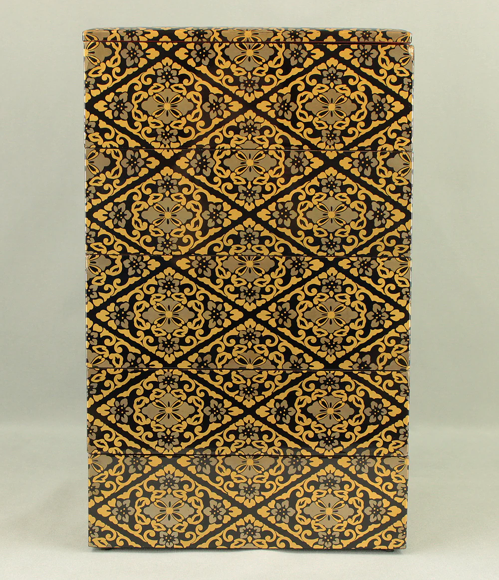 Gold Lacquer Flower Diamond Pattern Makie Five-Tiered Box Jubako with Box VA663 - Image 3
