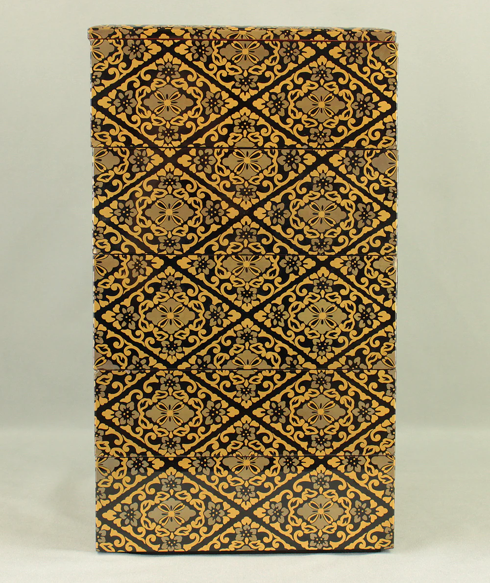 Gold Lacquer Flower Diamond Pattern Makie Five-Tiered Box Jubako with Box VA663 - Image 5