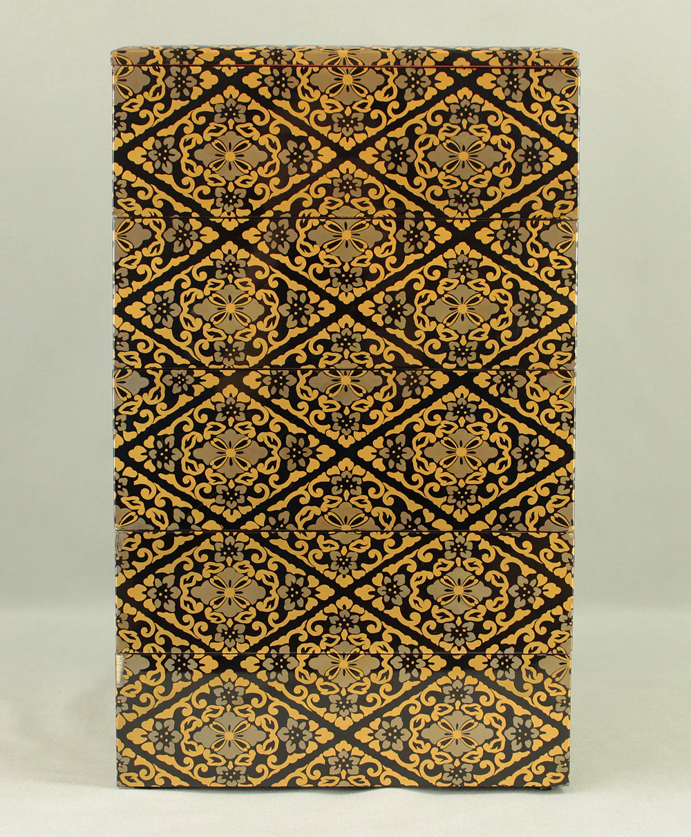 Gold Lacquer Flower Diamond Pattern Makie Five-Tiered Box Jubako with Box VA663 - Image 7