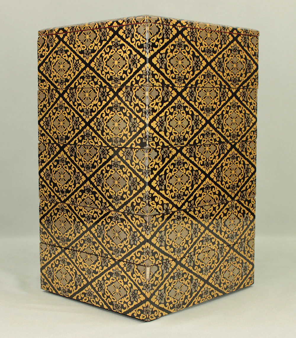 Gold Lacquer Flower Diamond Pattern Makie Five-Tiered Box Jubako with Box VA663 - Image 8