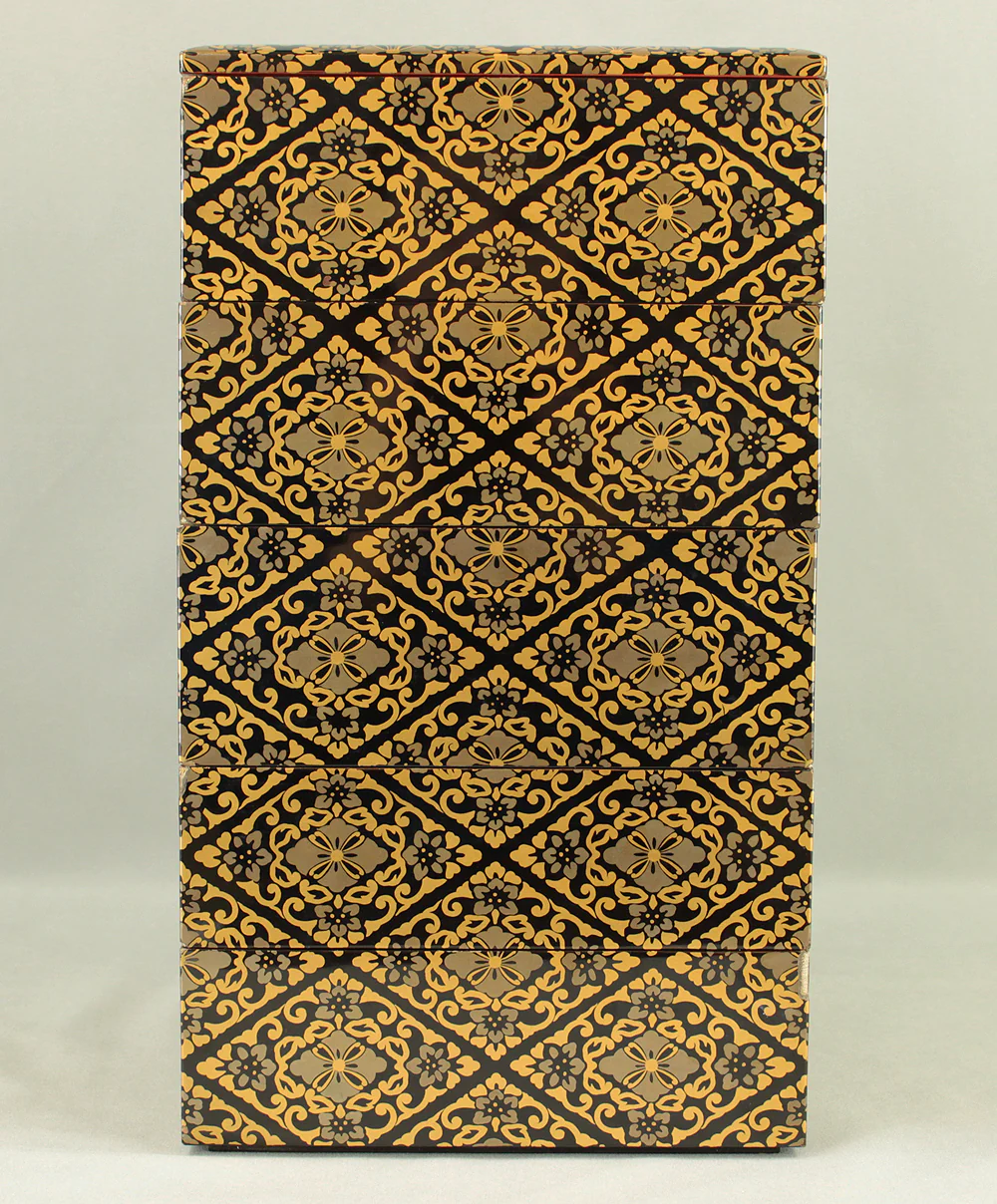 Gold Lacquer Flower Diamond Pattern Makie Five-Tiered Box Jubako with Box VA663 - Image 9