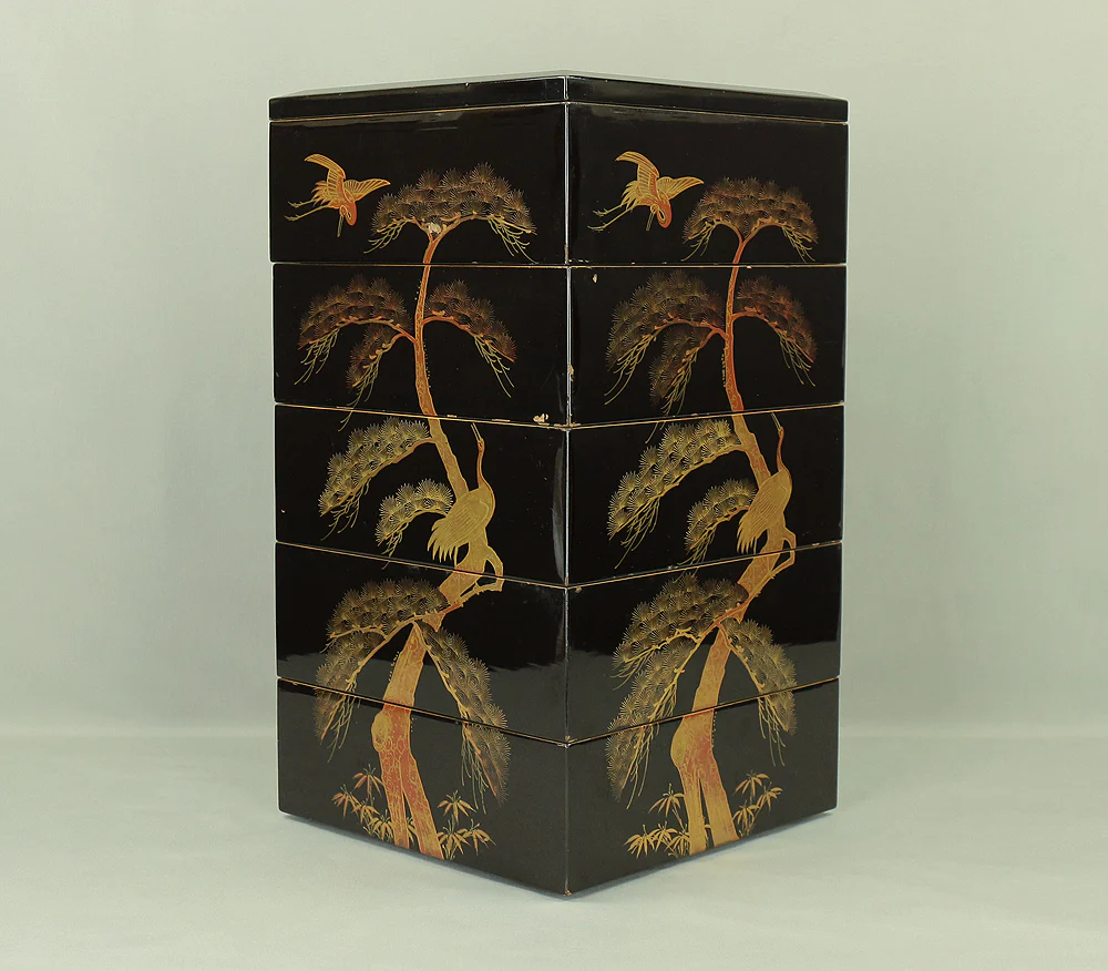 Gold Lacquer Makie Five-Tiered Box Jubako 'Pine Tree and Crane' with Stand VA589 - Image 7
