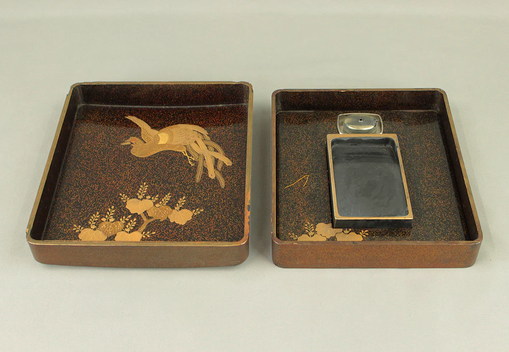 Gold Lacquer Makie Suzuribako (Inkstone Box) Nashiji Makie Landscape and Phoenix with Box VA664
